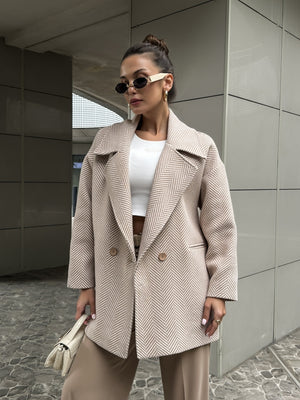 Camel Balık Sırtı Oversize Astarlı Kısa Kaban
