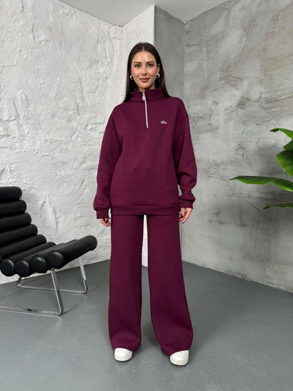 Bordo Yarım Fermuarlı Şardonlu Sweat Takım