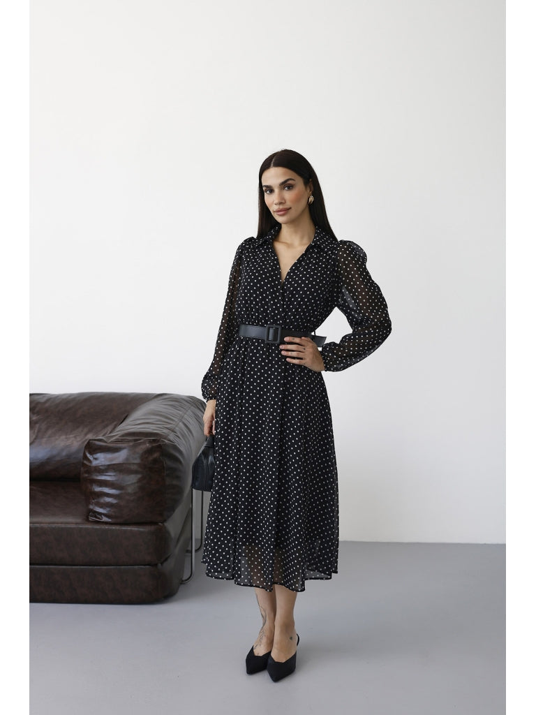 Siyah Puantiyeli Kemerli  Elbise 70295-SİYAH