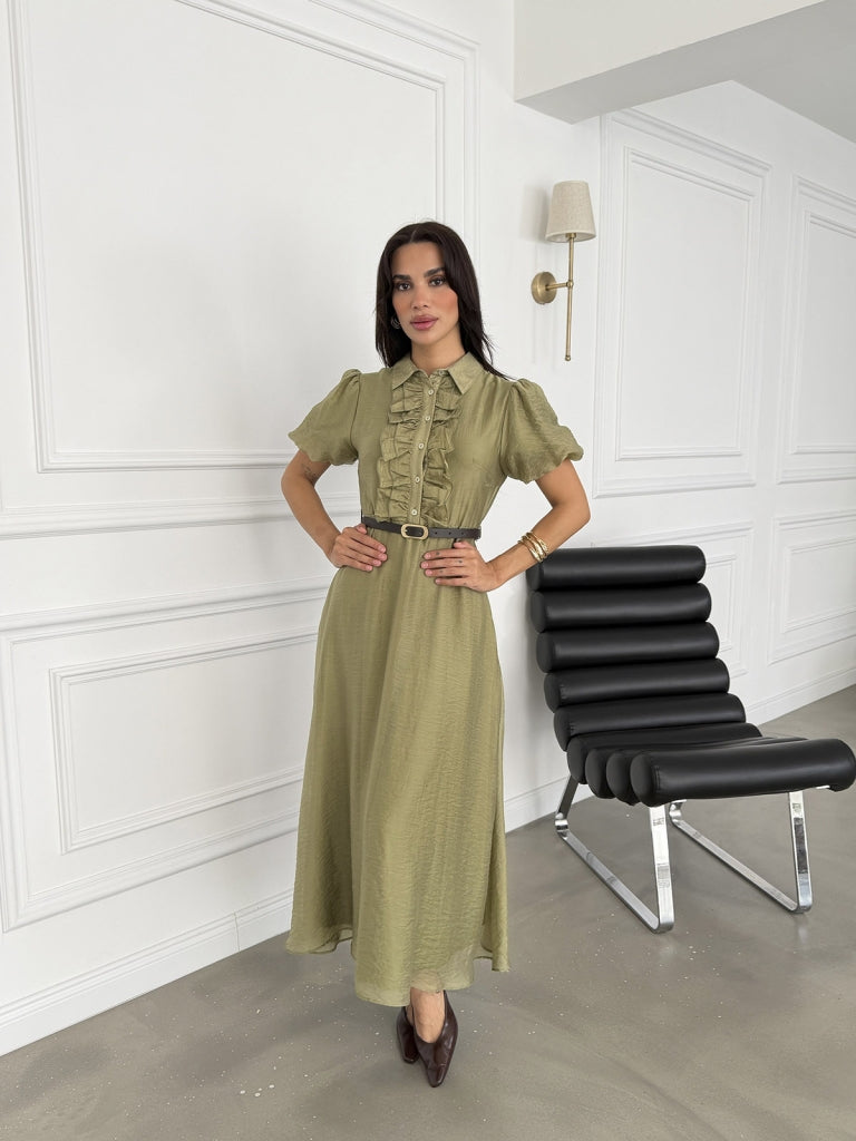 Haki Fırfır Detaylı Kemerli Tencel Elbise 3091-Haki