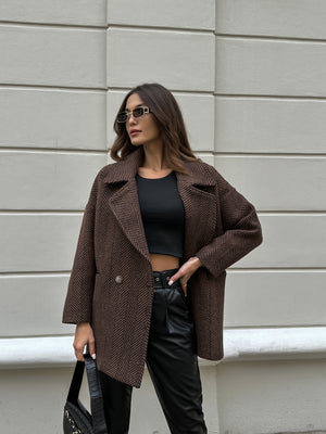 Acı Kahve Balık Sırtı Oversize Astarlı Kısa Kaban 9252-ACI KAHVE