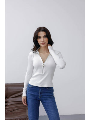 Ekru Yakası Fermuarlı Vatkalı Bluz 30412-Ekru