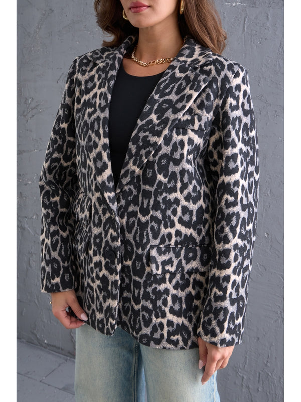Gri Leopar Blazer Kaşe Ceket