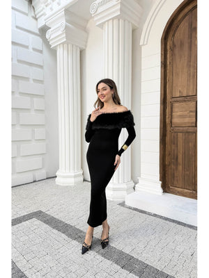 Siyah Madonna Kürk Yakalı Elbise 00515-Siyah