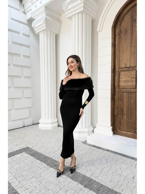 Siyah Madonna Kürk Yakalı Elbise 00515-Siyah