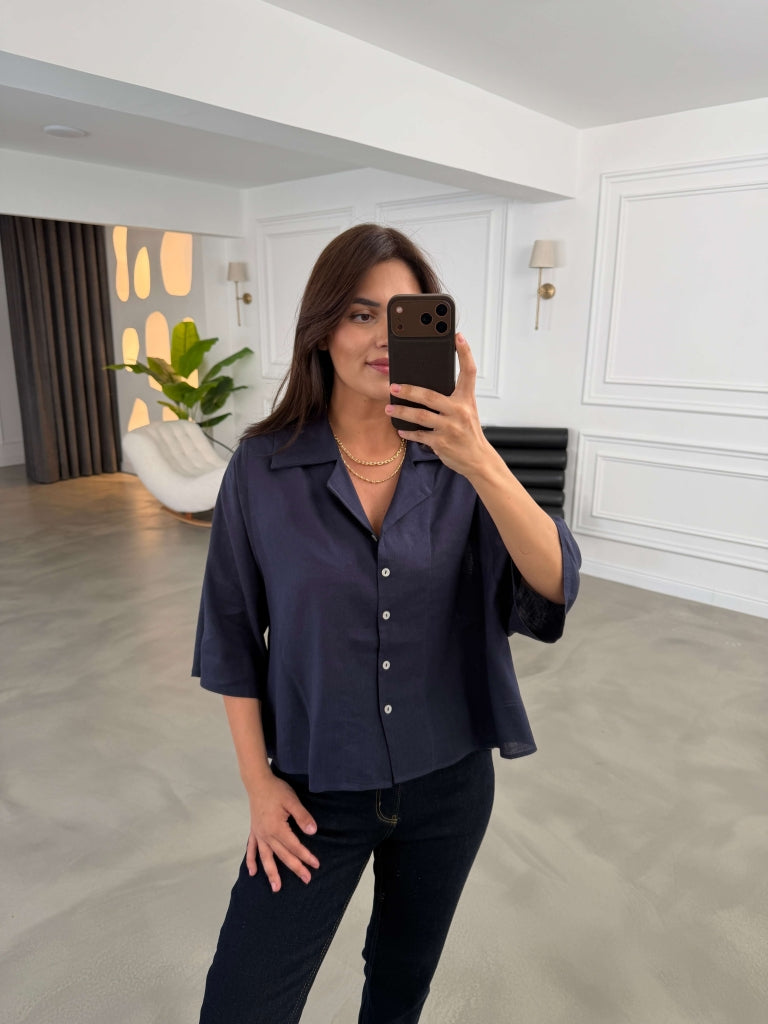 Lacivert Oversize Keten Gömlek 4982-Lacivert