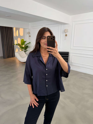 Lacivert Oversize Keten Gömlek 4982-Lacivert