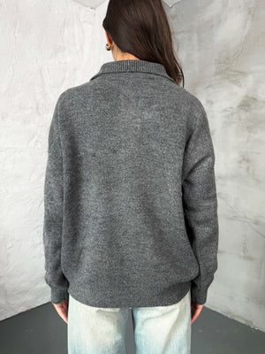 Gri Polo Yaka Düğmeli Triko Kazak 2482-GRİ