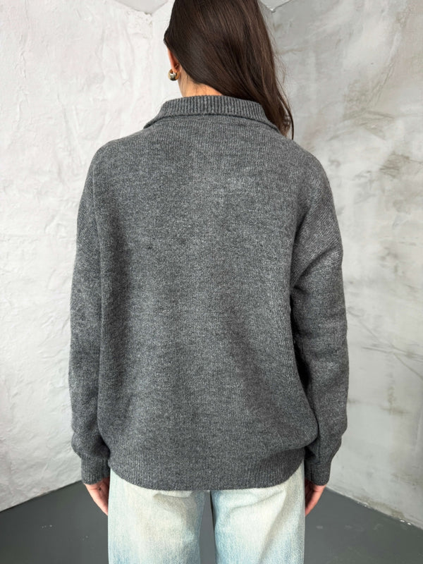 Gri Polo Yaka Düğmeli Triko Kazak 2482-GRİ