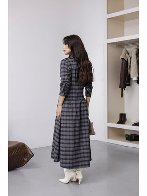 Vizon Lacivert Ekoseli Boydan Düğmeli Elbise 0745-Vizon