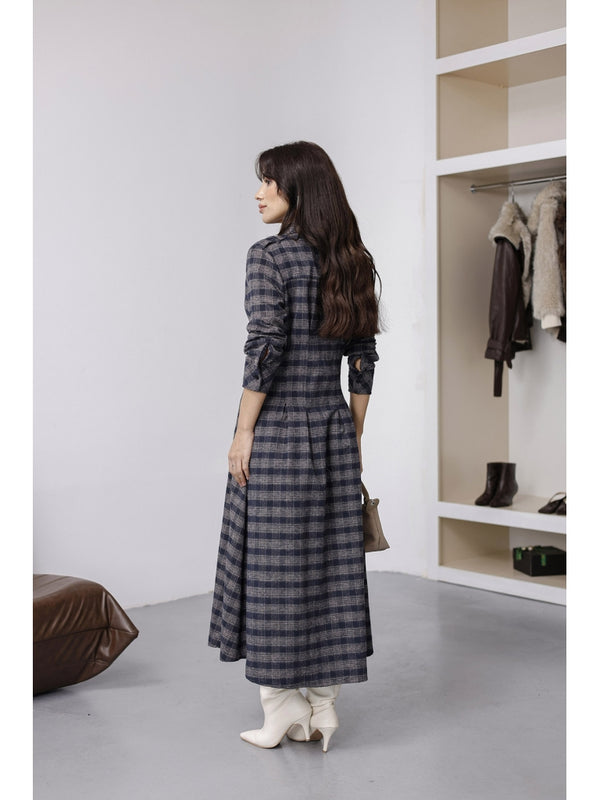 Vizon Lacivert Ekoseli Boydan Düğmeli Elbise 0745-Vizon