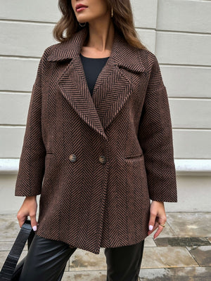 Acı Kahve Balık Sırtı Oversize Astarlı Kısa Kaban 9252-ACI KAHVE