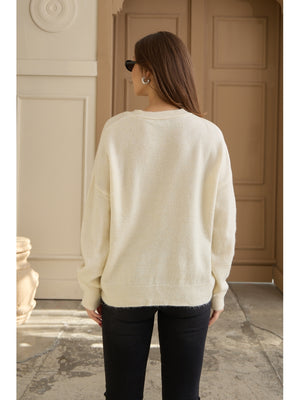 Ekru Keten Çiçekli Oversize Kazak