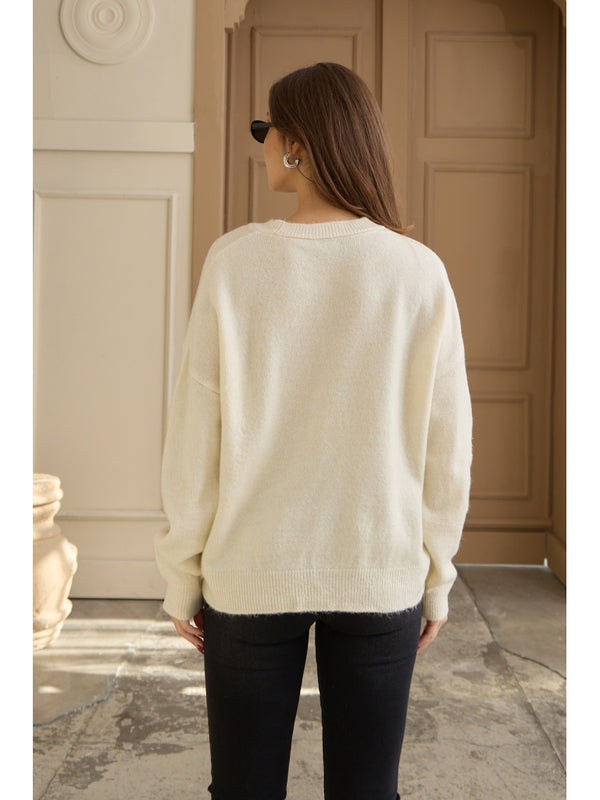 Ekru Keten Çiçekli Oversize Kazak