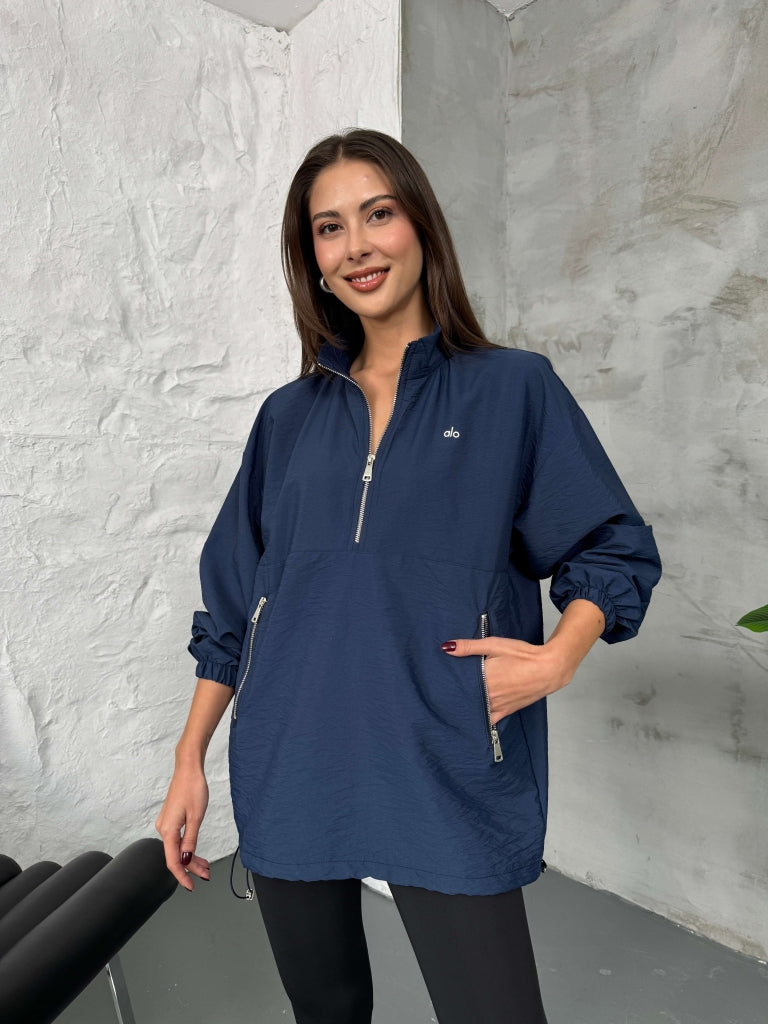 Lacivert Paraşüt Kumaş Fermuarlı Sweat