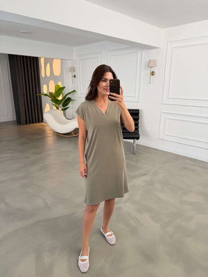 Haki V Yaka Modal Elbise 2402-Haki