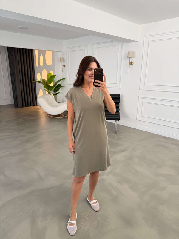 Haki V Yaka Modal Elbise 2402-Haki