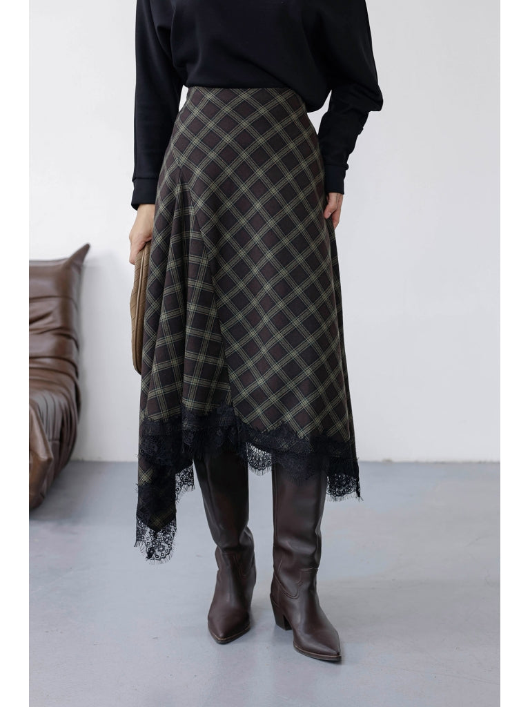 Haki Etek Ucu Dantelli Ekose Etek 0783-Haki