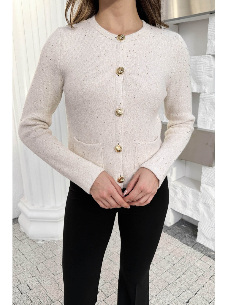 Dilvin Ekru Pullu Gold Düğmeli Triko Hırka 60935-Ekru
