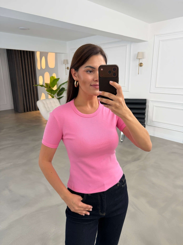 Pembe Bisiklet Yaka Basic Tshirt 24104-Pembe