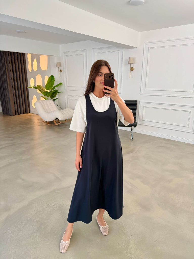 Lacivert Tshirt Detaylı Salaş İkili Elbise Takım 4131-Lacivert