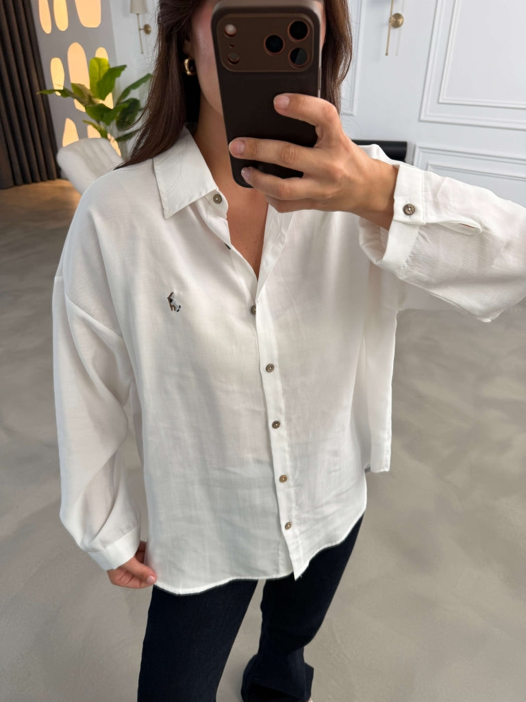 Beyaz Nakış Detaylı Oversize Gömlek 7682-Beyaz