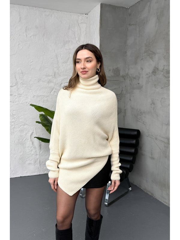 Ekru Boğazlı Triko Panço 2574-Ekru