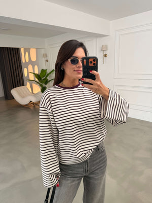 Beyaz Bordo Çizgili Oversize Sweat 12613-Bordo