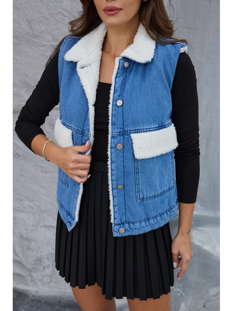 Mavi İçi Kürklü Denim Yelek 11130-Mavi