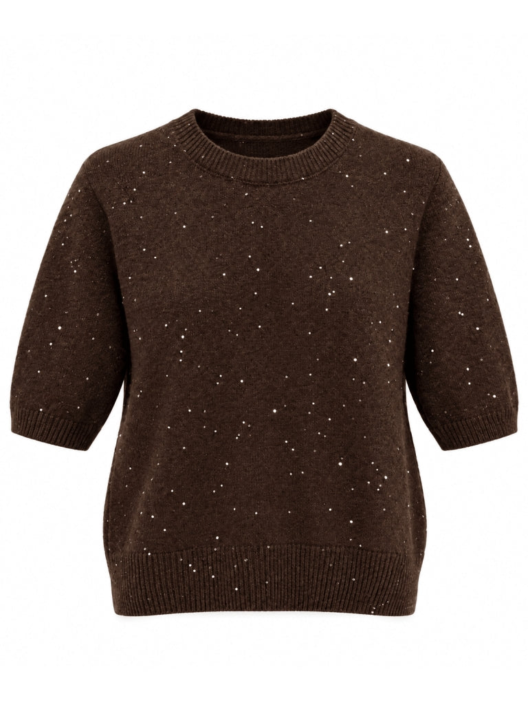 Kahverengi Kısa Kollu Pullu Triko Bluz 2944-Kahverengi