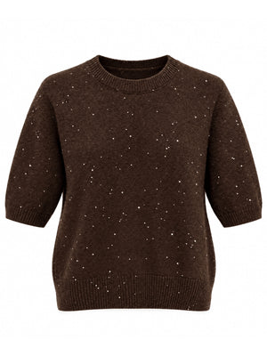 Kahverengi Kısa Kollu Pullu Triko Bluz 2944-Kahverengi