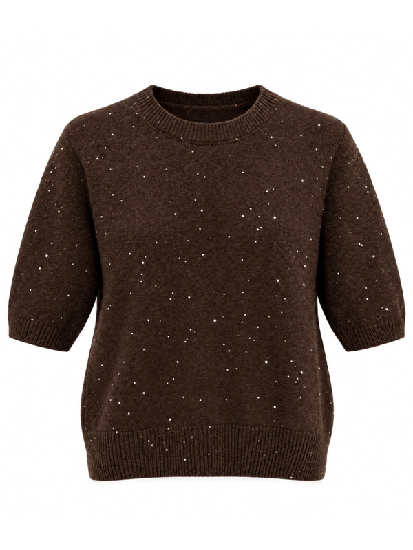 Kahverengi Kısa Kollu Pullu Triko Bluz 2944-Kahverengi