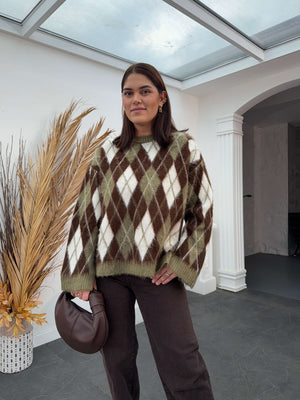 Haki Yanları Yırtmaçlı Şardonlu Baklava Kazak 2366-HAKİ