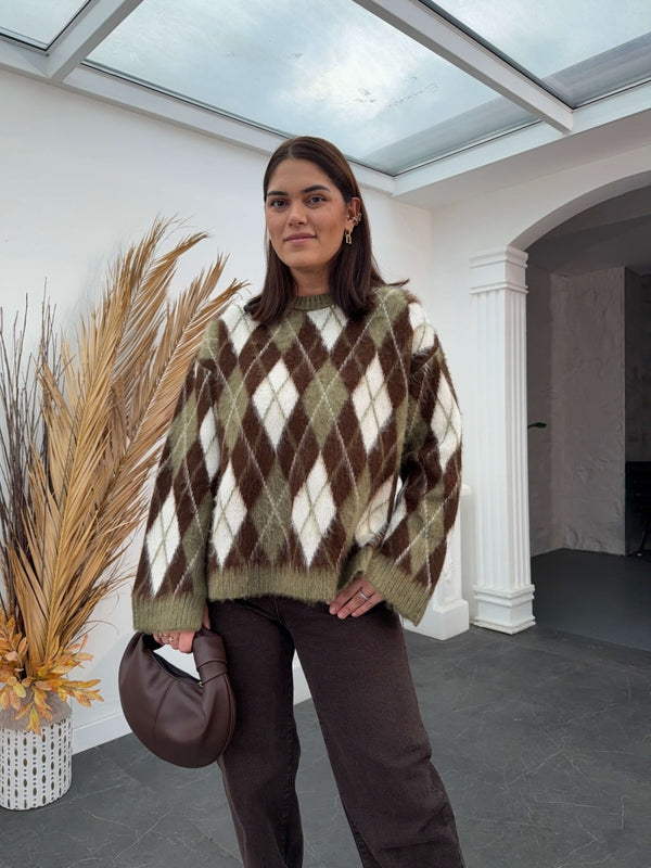 Haki Yanları Yırtmaçlı Şardonlu Baklava Kazak 2366-HAKİ