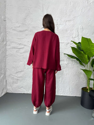 Bordo Nakışlı Müslin Kimono