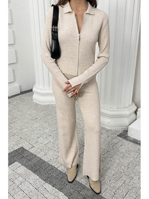 Taş Çift Fermuarlı Fitilli Triko Takım 0103-Taş