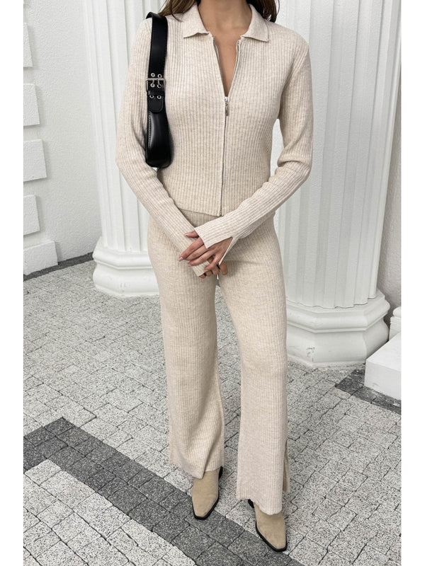 Taş Çift Fermuarlı Fitilli Triko Takım 0103-Taş