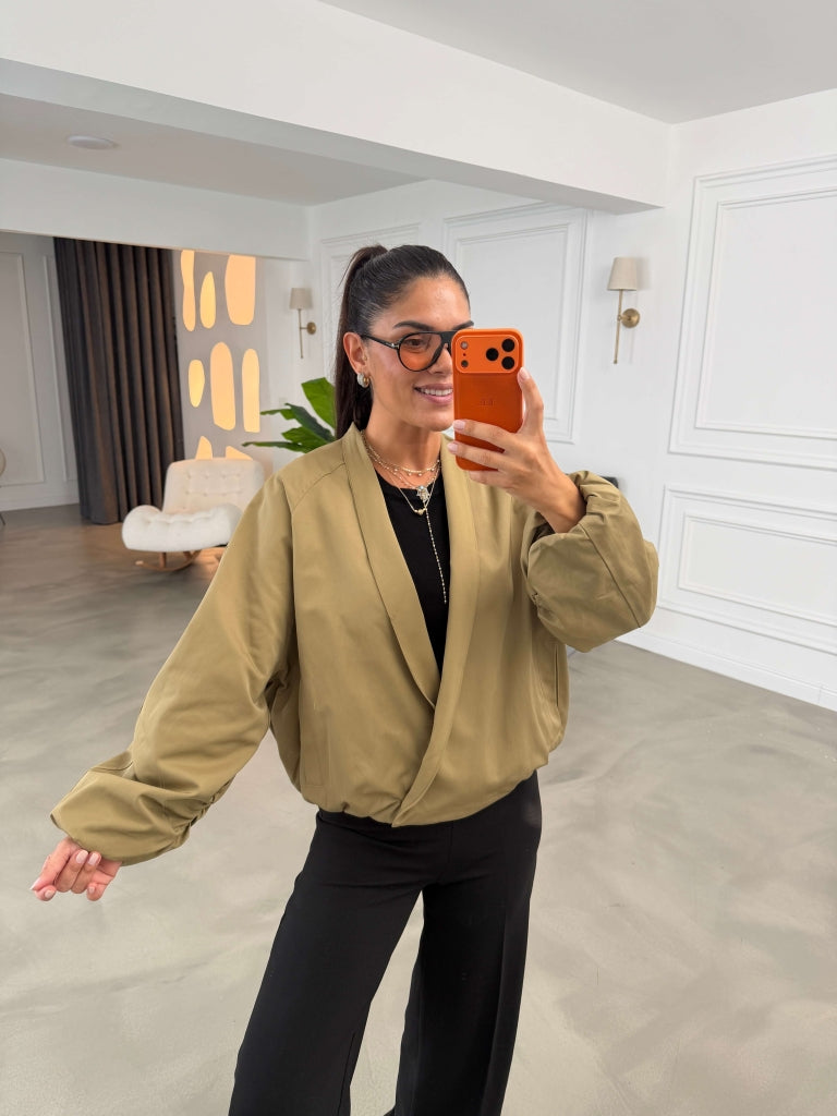 Haki Kolları Lastikli Oversize Kısa Trenç 9760-Haki