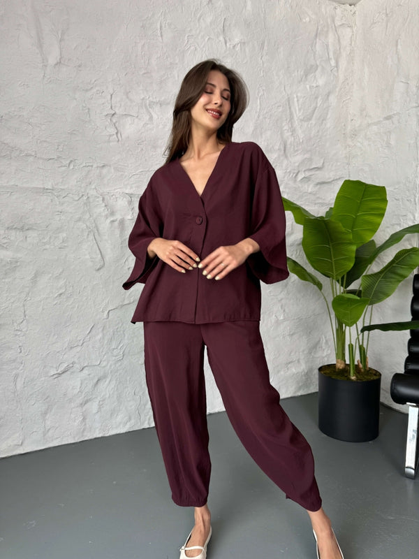 Mürdüm Tek Düğmeli Bluz Pantolon Takım