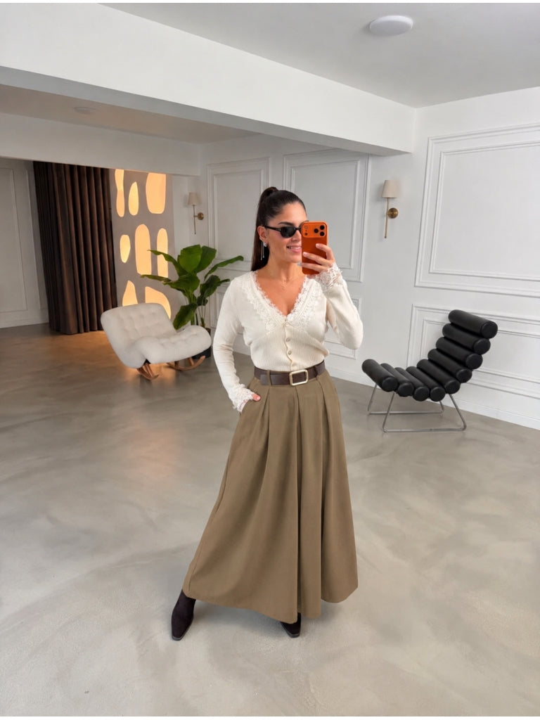 Haki Gold Kemerli Etek Pantolon 51502-Haki
