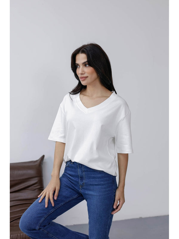 Ekru Orj Marka V Yaka Tshirt 6598-Ekru