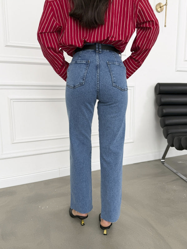 Koyu Mavi Kesik Paça Kemerli Jean 120-Koyu Mavi