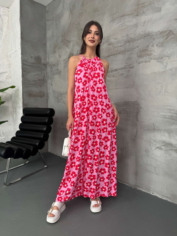 Pembe Yakası Fırfırlı Elbise