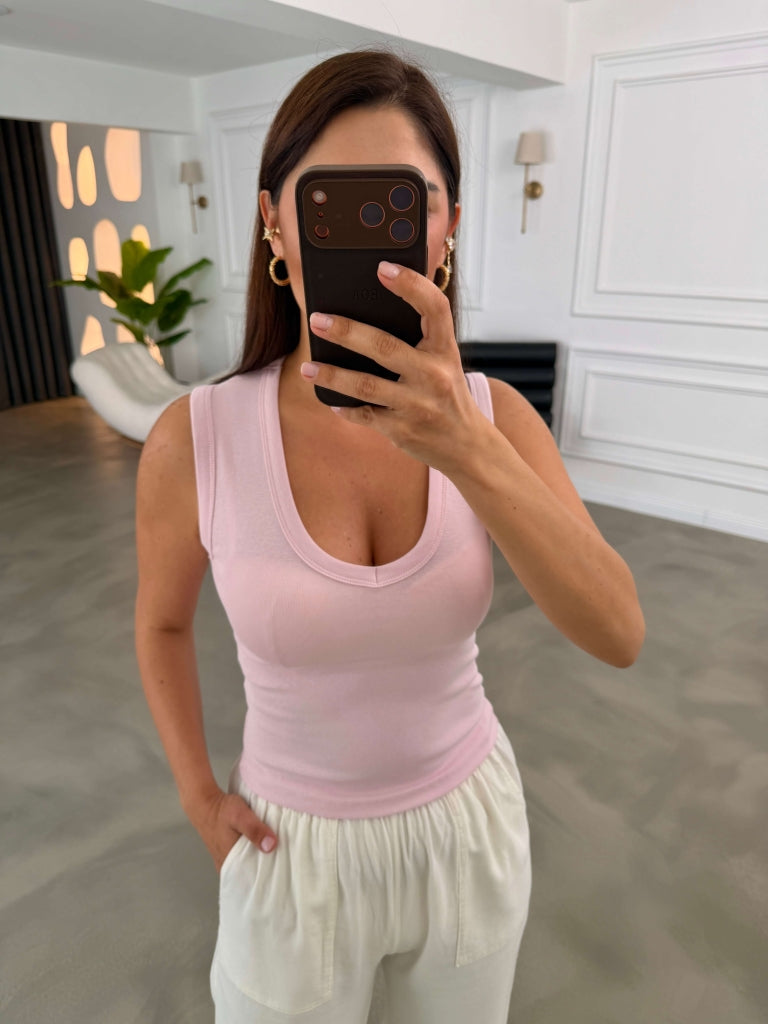 Pembe Kalın Askı V Yaka Body 24172-Pembe