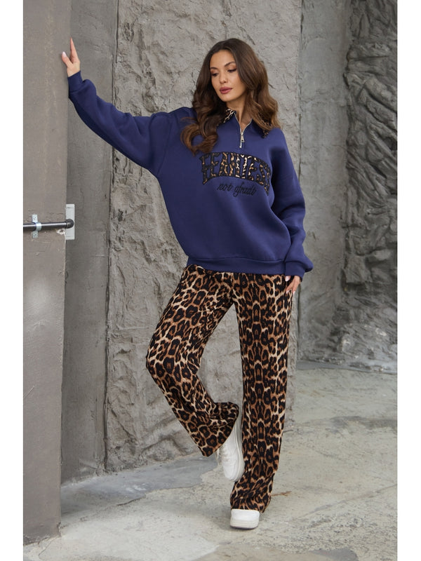 Lacivert Leopar Nakışlı Polo Yaka Sweat