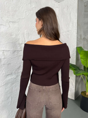 Kahverengi Madonna Yaka Çift Yön Fermuarlı Bluz 2545-Kahverengi