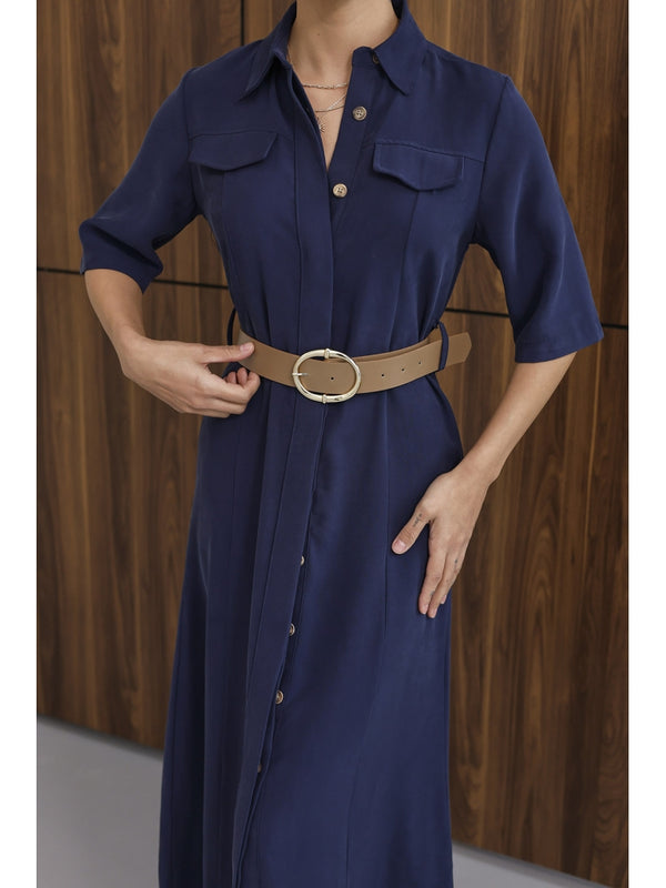 Lacivert Cep Detaylı Kısa Kol Elbise 8124-Lacivert