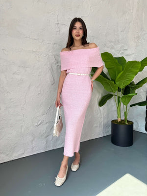 Pembe Sıfır Kol Madonna Yaka Elbise
