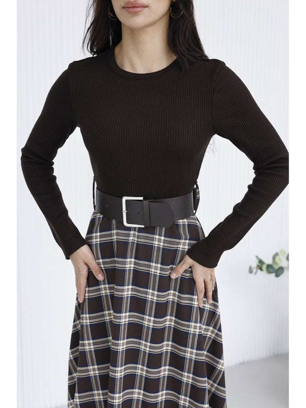 Kahverengi Eteği Ekoseli Elbise 35552-Kahverengi