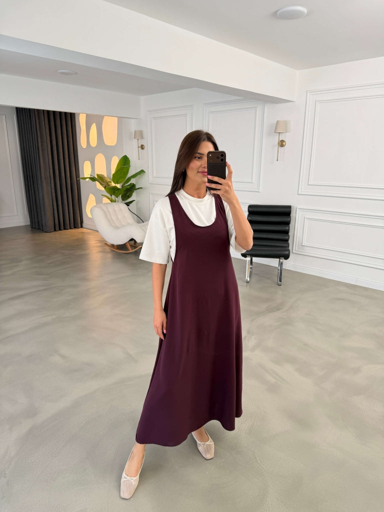 Mürdüm Tshirt Detaylı Salaş İkili Elbise Takım 4131-Mürdüm